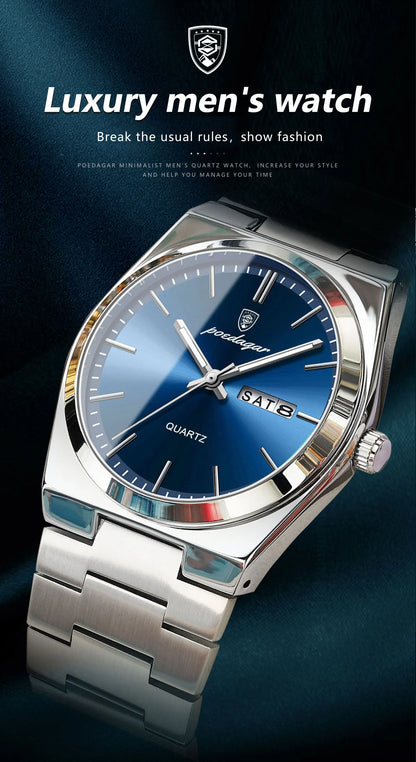 POEDAGAR Luxury Watches For Men Stainless Steel Waterproof Luminous Man Watch Date Week Fashion Casual Men's Quartz Watch Reloj