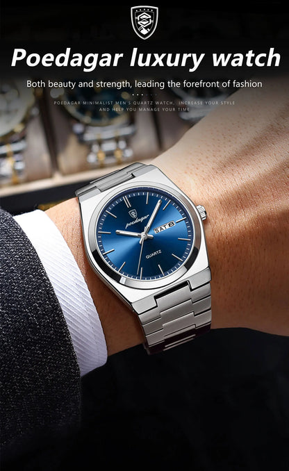 POEDAGAR Luxury Watches For Men Stainless Steel Waterproof Luminous Man Watch Date Week Fashion Casual Men's Quartz Watch Reloj