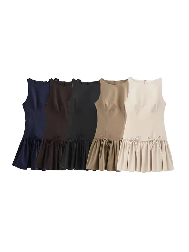 Women's Ruffled Mini Dress – Sleeveless Bow Detail