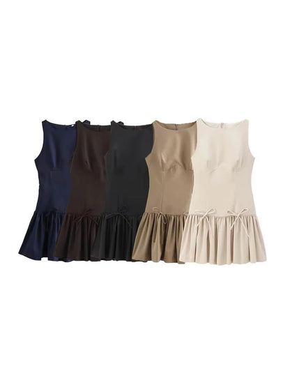 Women's Ruffled Mini Dress – Sleeveless Bow Detail