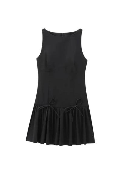 Women's Ruffled Mini Dress – Sleeveless Bow Detail