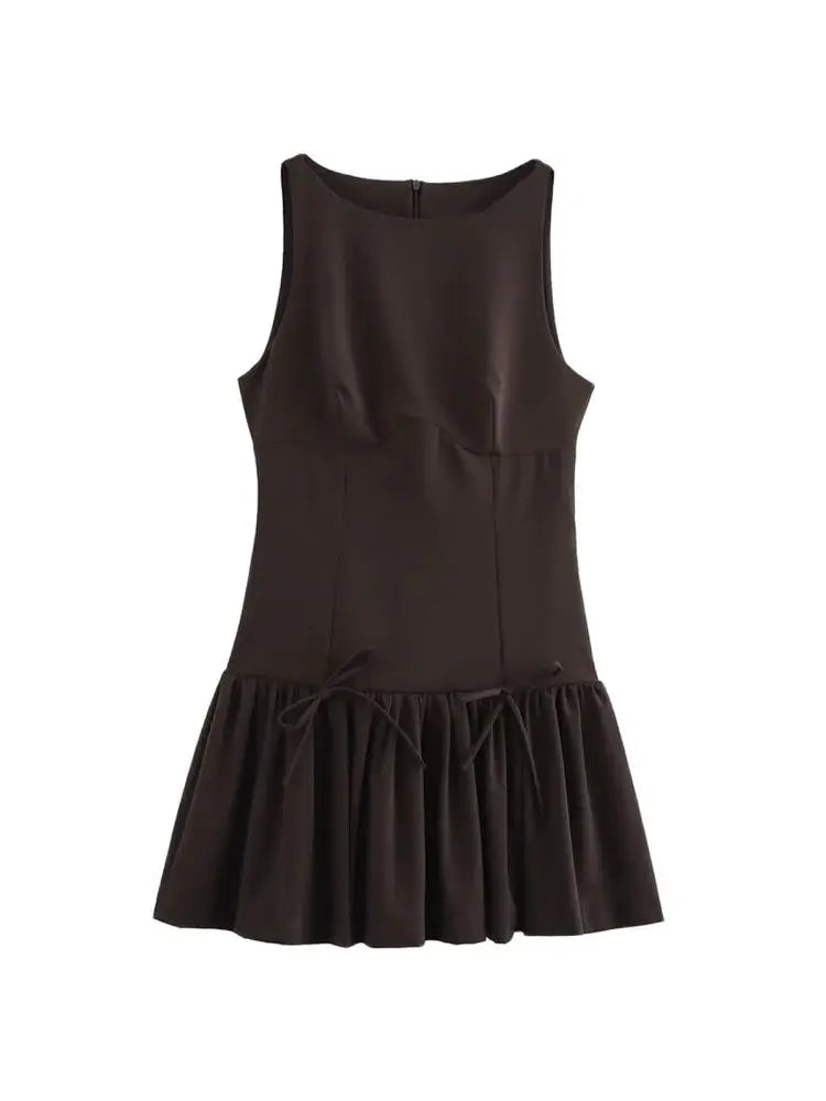 Women's Ruffled Mini Dress – Sleeveless Bow Detail
