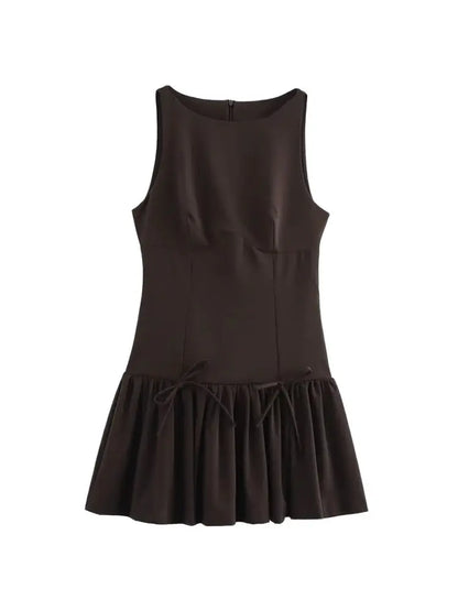 Women's Ruffled Mini Dress – Sleeveless Bow Detail