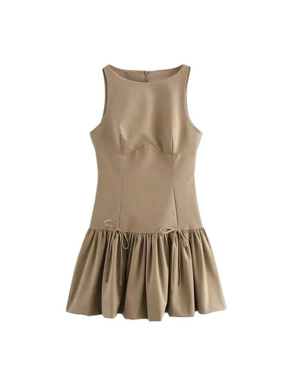 Women's Ruffled Mini Dress – Sleeveless Bow Detail