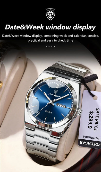 POEDAGAR Luxury Watches For Men Stainless Steel Waterproof Luminous Man Watch Date Week Fashion Casual Men's Quartz Watch Reloj