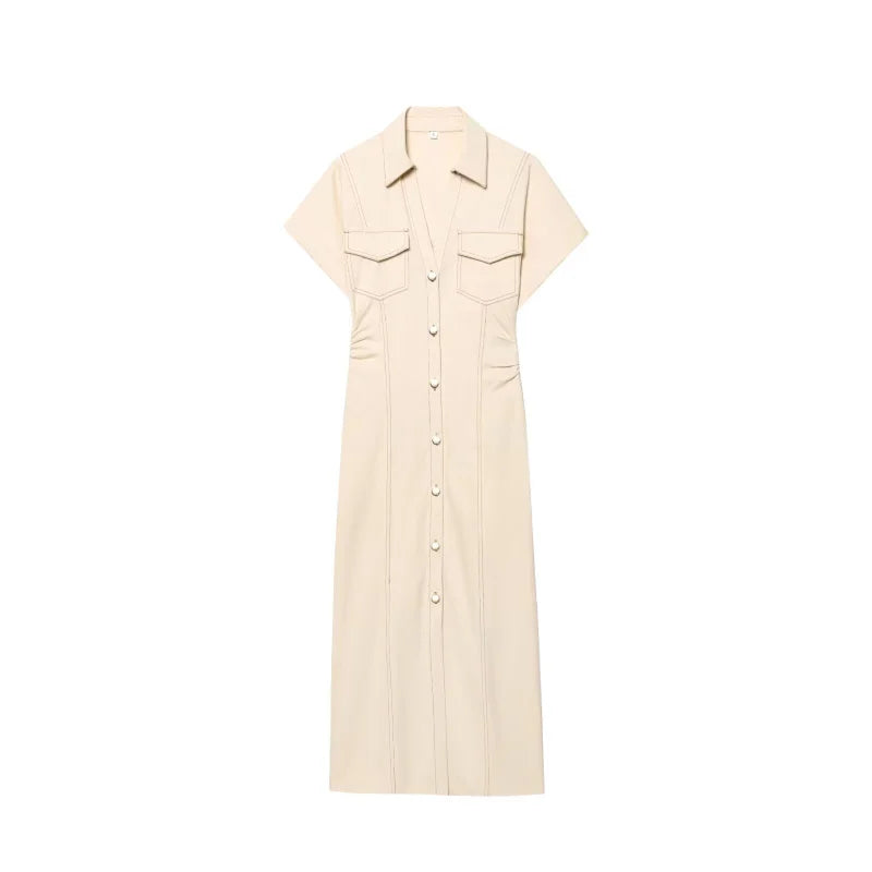 Women's Midi Dress – Slim V-Neck Pencil