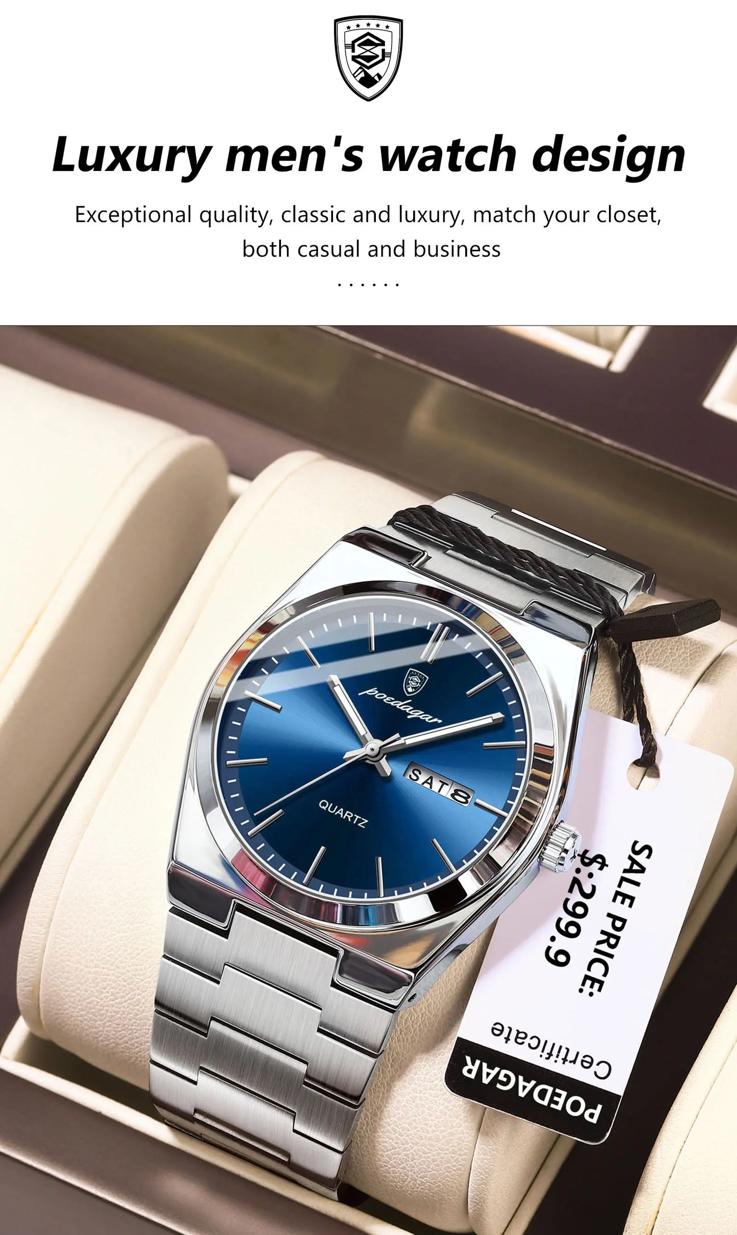 POEDAGAR Luxury Watches For Men Stainless Steel Waterproof Luminous Man Watch Date Week Fashion Casual Men's Quartz Watch Reloj